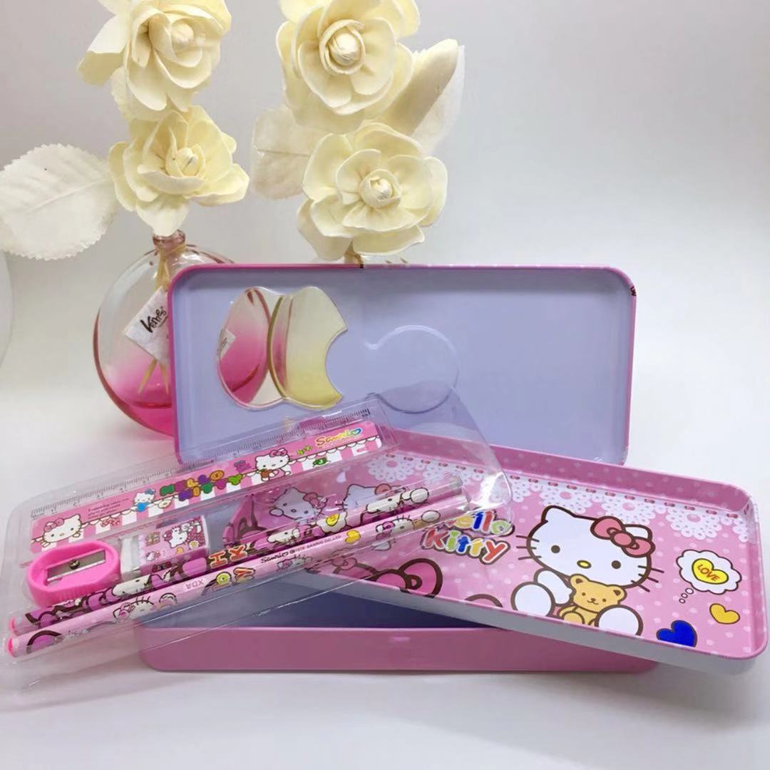 (HELLO KITTY)Cartoon Double Layer Iron Box Stationery Pencil Box(Include Stationery)